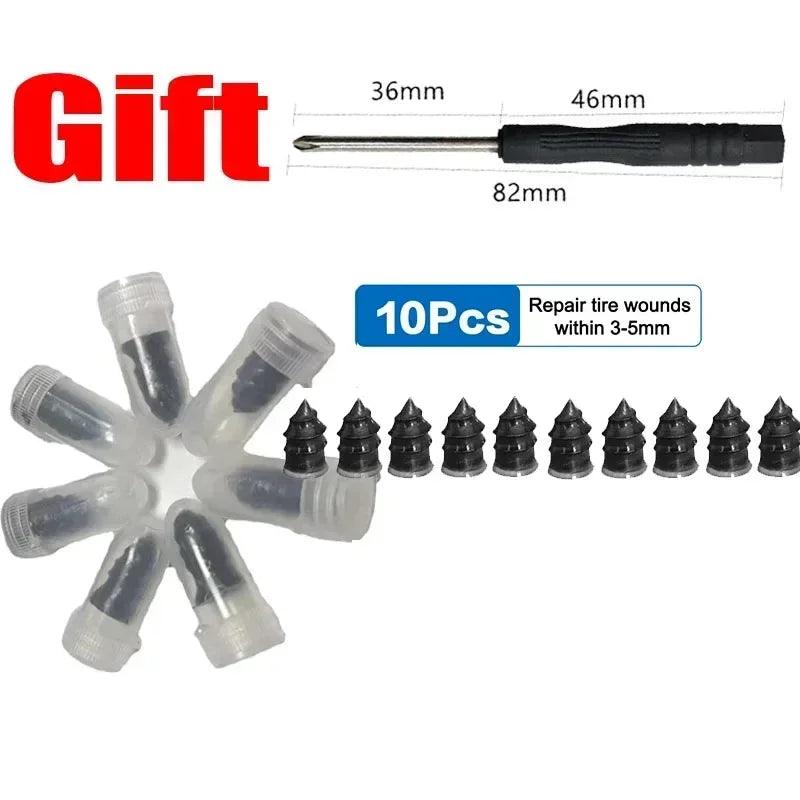A kit for repairing tire wounds using 10 rubber puncture nails and a tool.