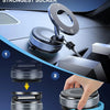 A hand demonstrates how to press flat surfaces and rotate a magnetic phone mount for secure suction.