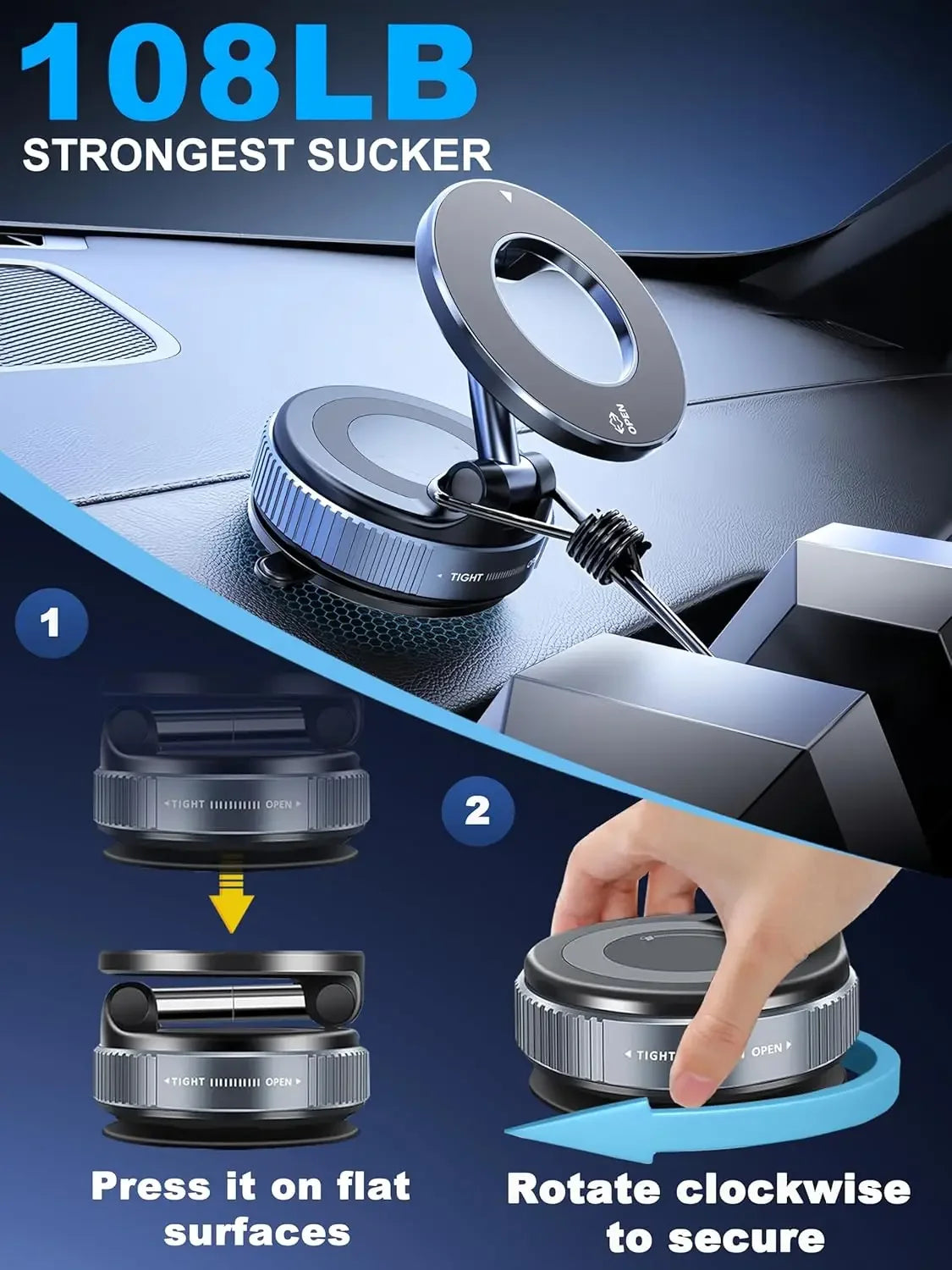 A hand demonstrates how to press flat surfaces and rotate a magnetic phone mount for secure suction.