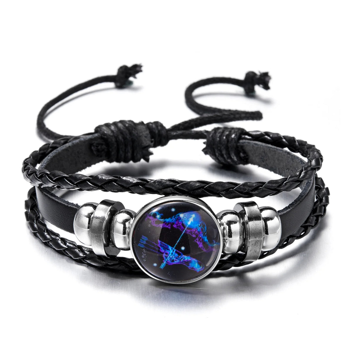 Black leather wrap bracelet featuring a glowing blue and purple zodiac sign charm.