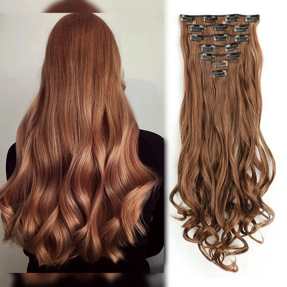 A set of seven 22-inch curly wavy clip-in hair extensions in a light brown color displayed on a hanger.