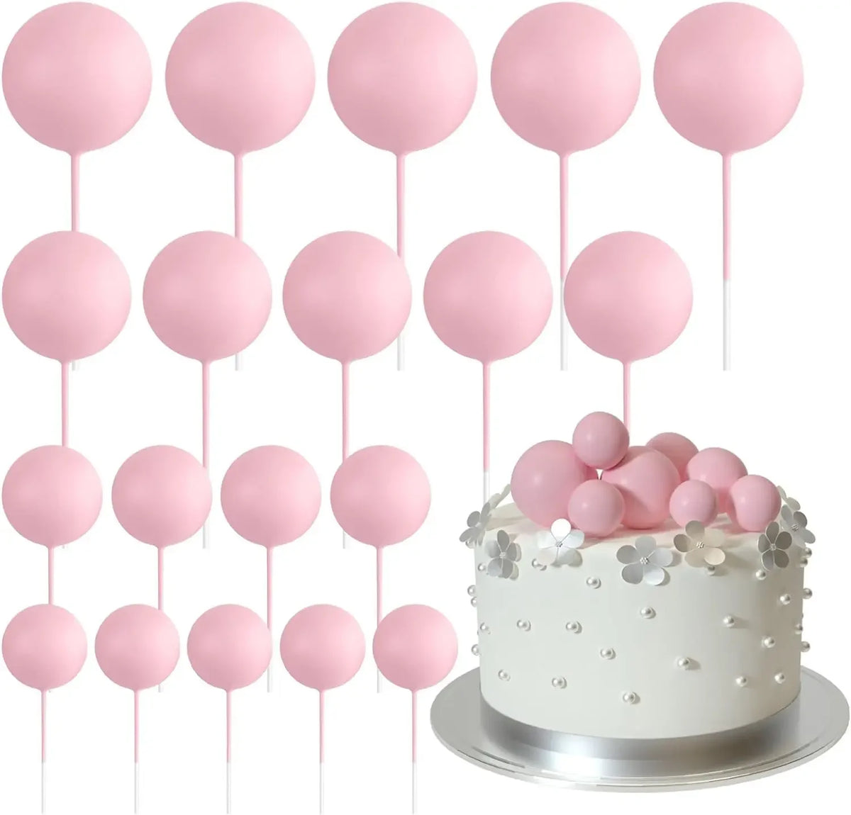 Eine Sammlung von 20 rosa Ball-Kekstoppern auf rosa Stäbchen.