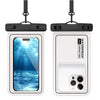A white floating phone case with a black strap is shown, featuring a clear back and a camera module.
