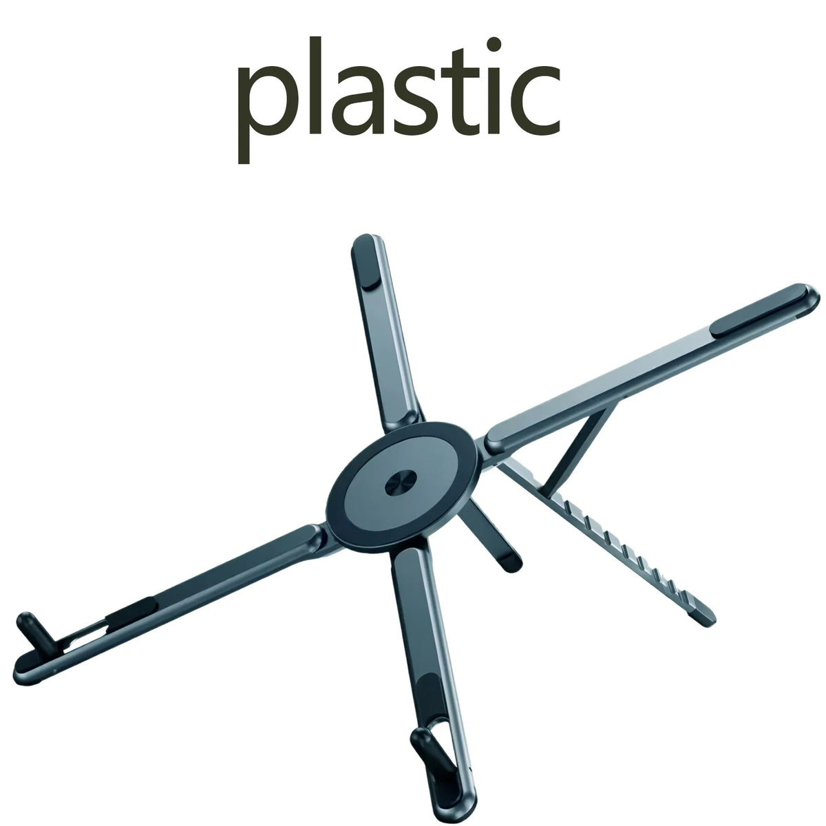 A silver plastic magnetic tablet stand with a foldable alloy design.