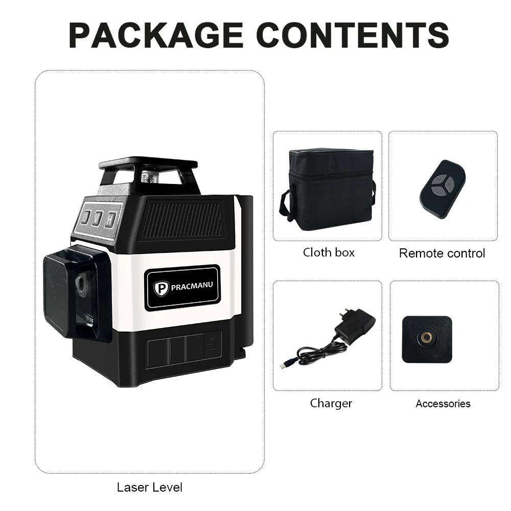 Package contents for a 12-line 3D self-leveling laser level including the main unit, cloth box, remote control, charger, and 