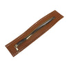 A brown leather strap with a silver zipper is shown diagonally.