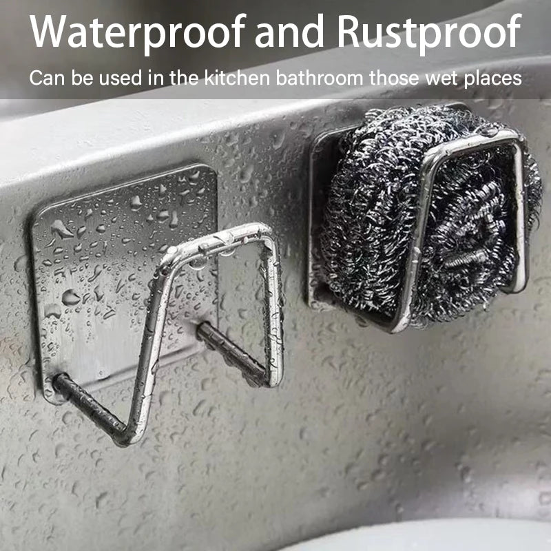 Stainless steel sponge holder with a wire mesh sponge visible on a kitchen sink