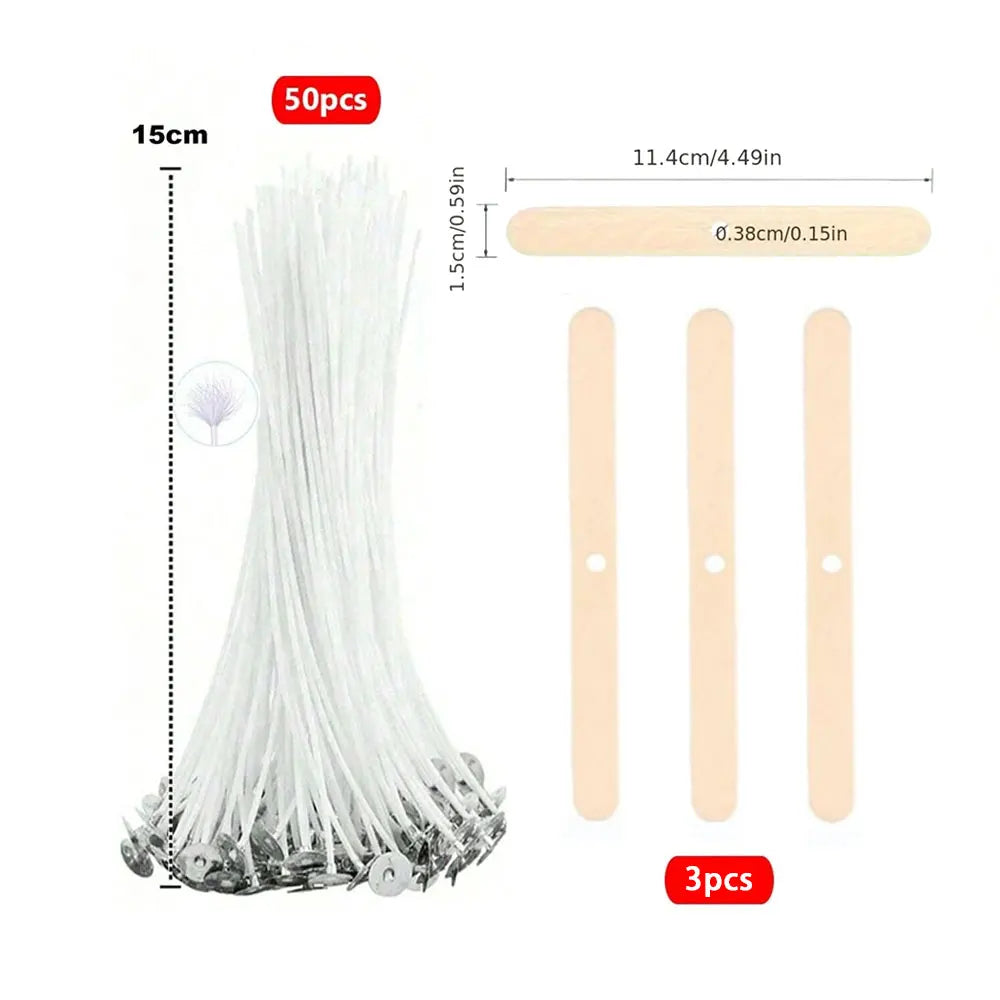 A set of 50 natural cotton candle wicks with metal stands, including a measuring stick and three individual wicks.