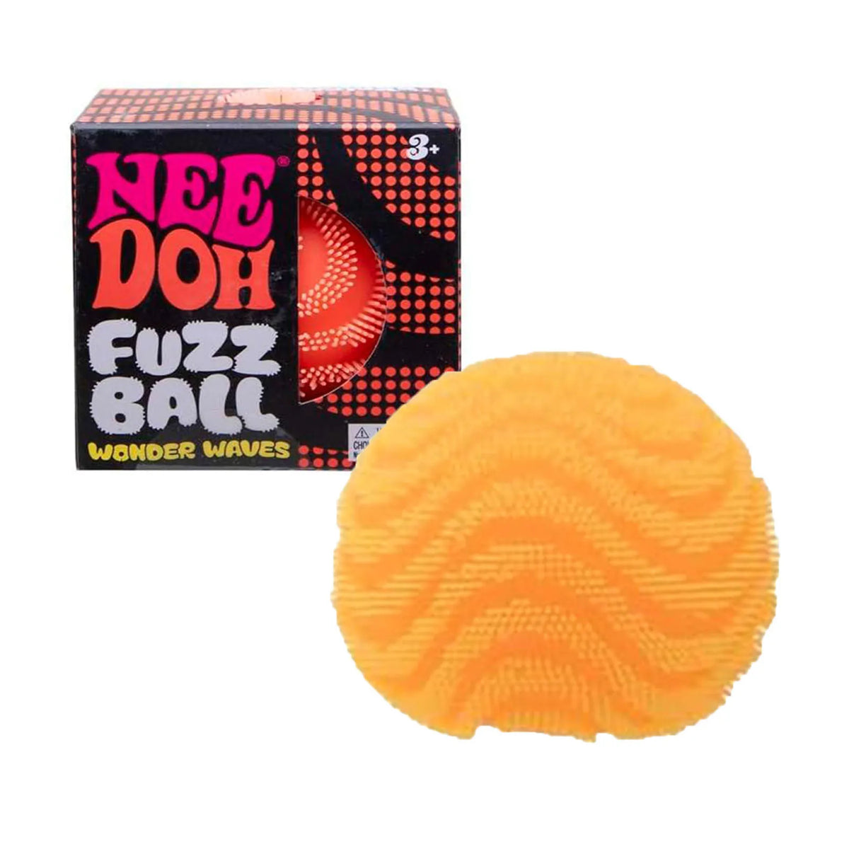 Eine leuchtend orange, stachelige Stressball-Kugel neben ihrer Verpackung.