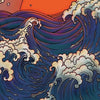 An abstract painting featuring a large orange sun above turbulent, dark blue and purple ocean waves with white foam.