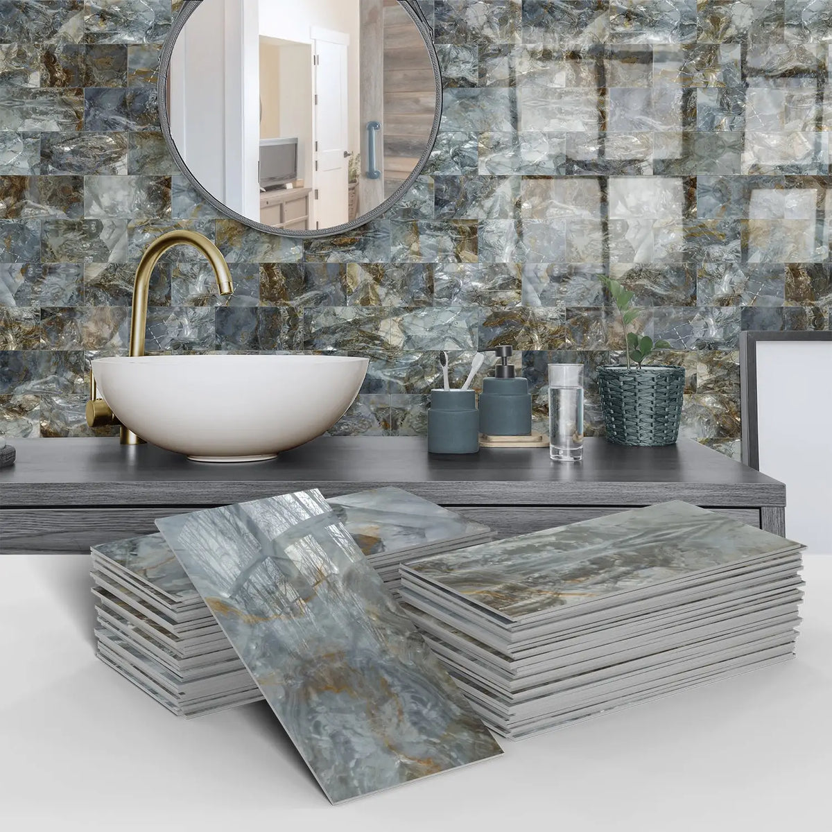 A stack of gray and beige marble self-adhesive wall stickers used as 3D tile decals in a bathroom setting.
