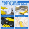 Yellow-gloved hands cleaning various kitchen items including pots, a sink, a cooktop, and a countertop with microfiber cloths