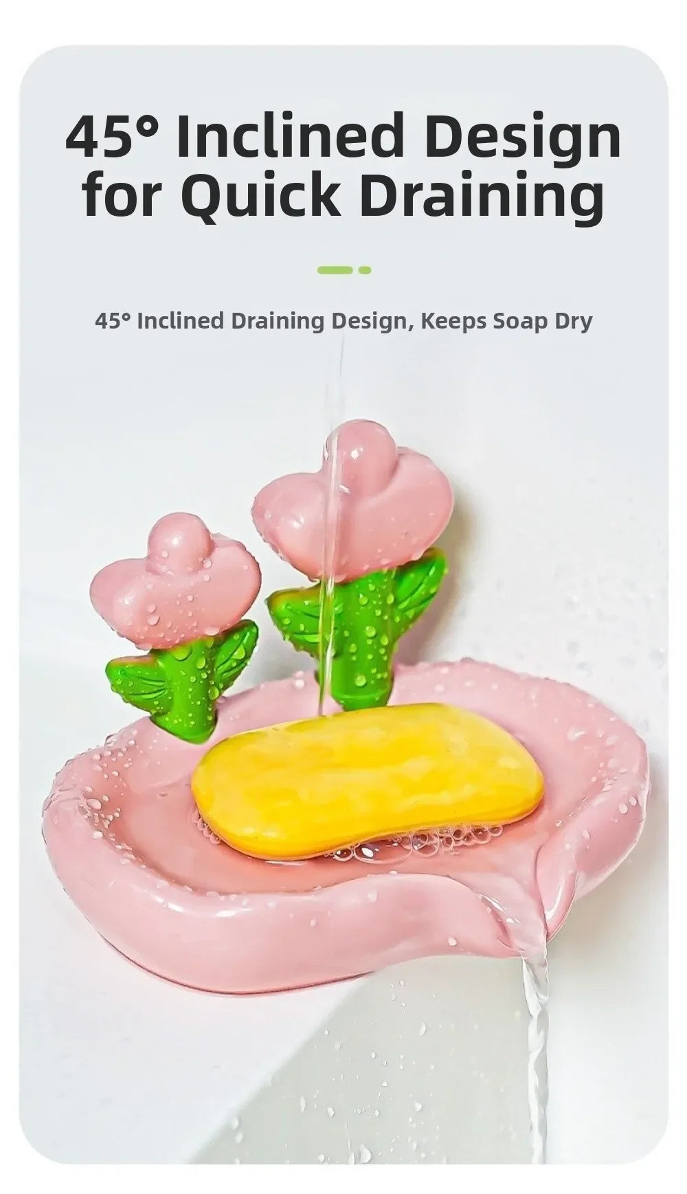 A pink tulip drainage soap dish with a yellow bar of soap is shown draining water.
