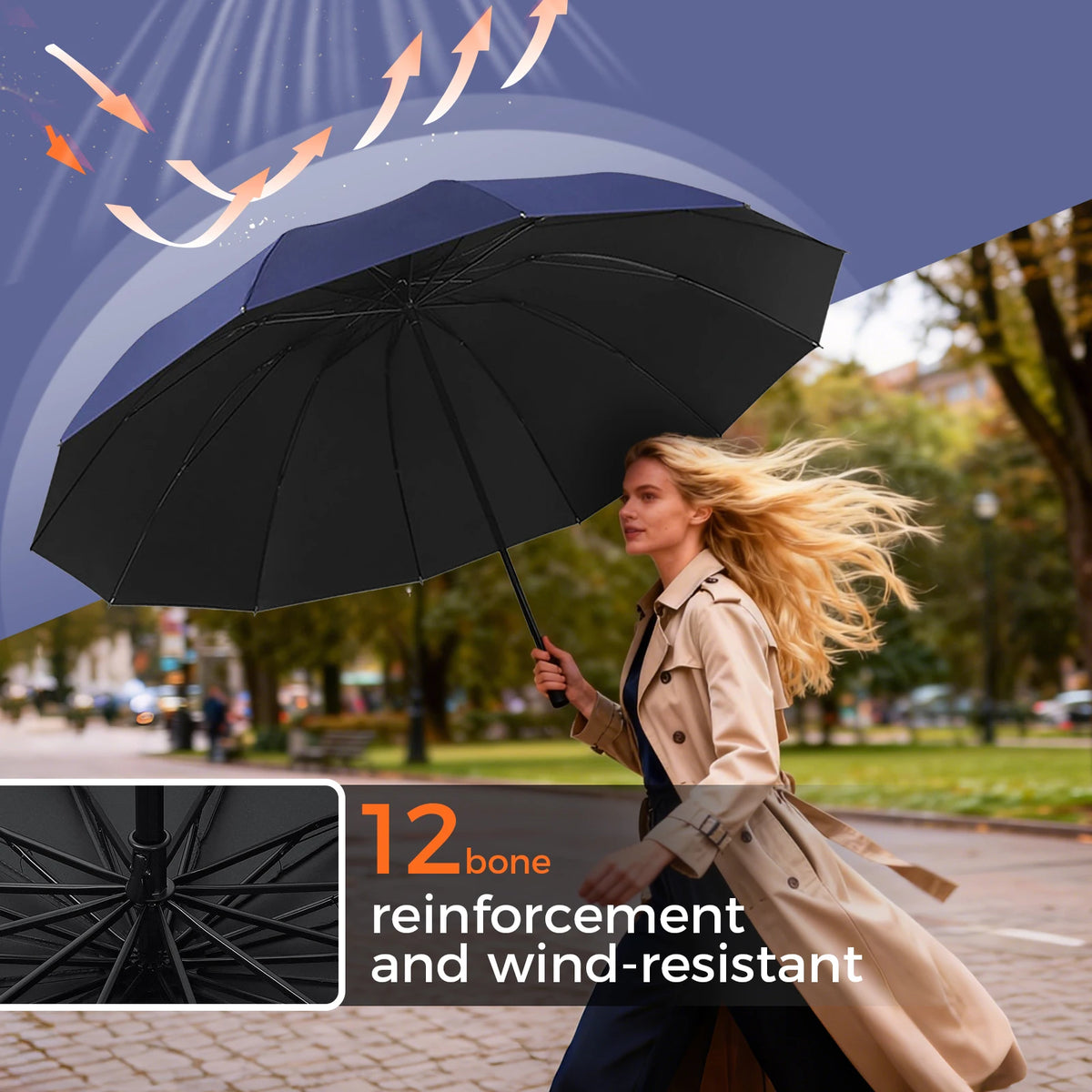 Large Manual Umbrella with Reinforced 12-Bone Frame