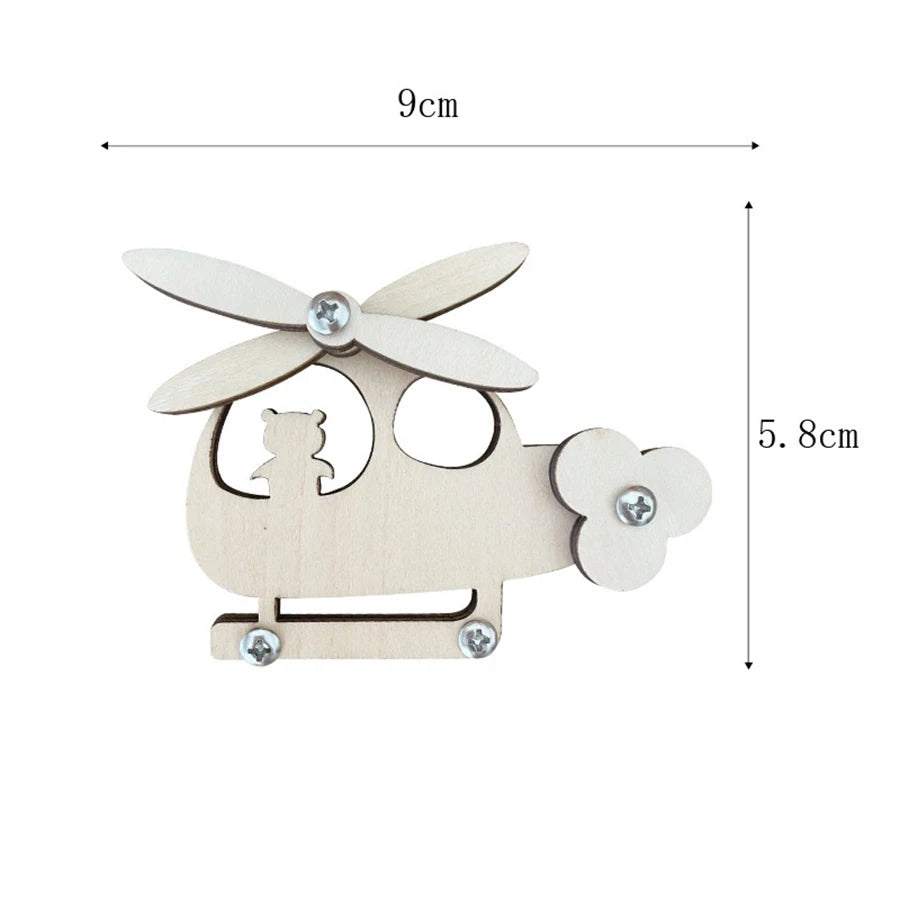 Wooden Montessori busy board parts set featuring a cutout of a flying animal and a small cat.