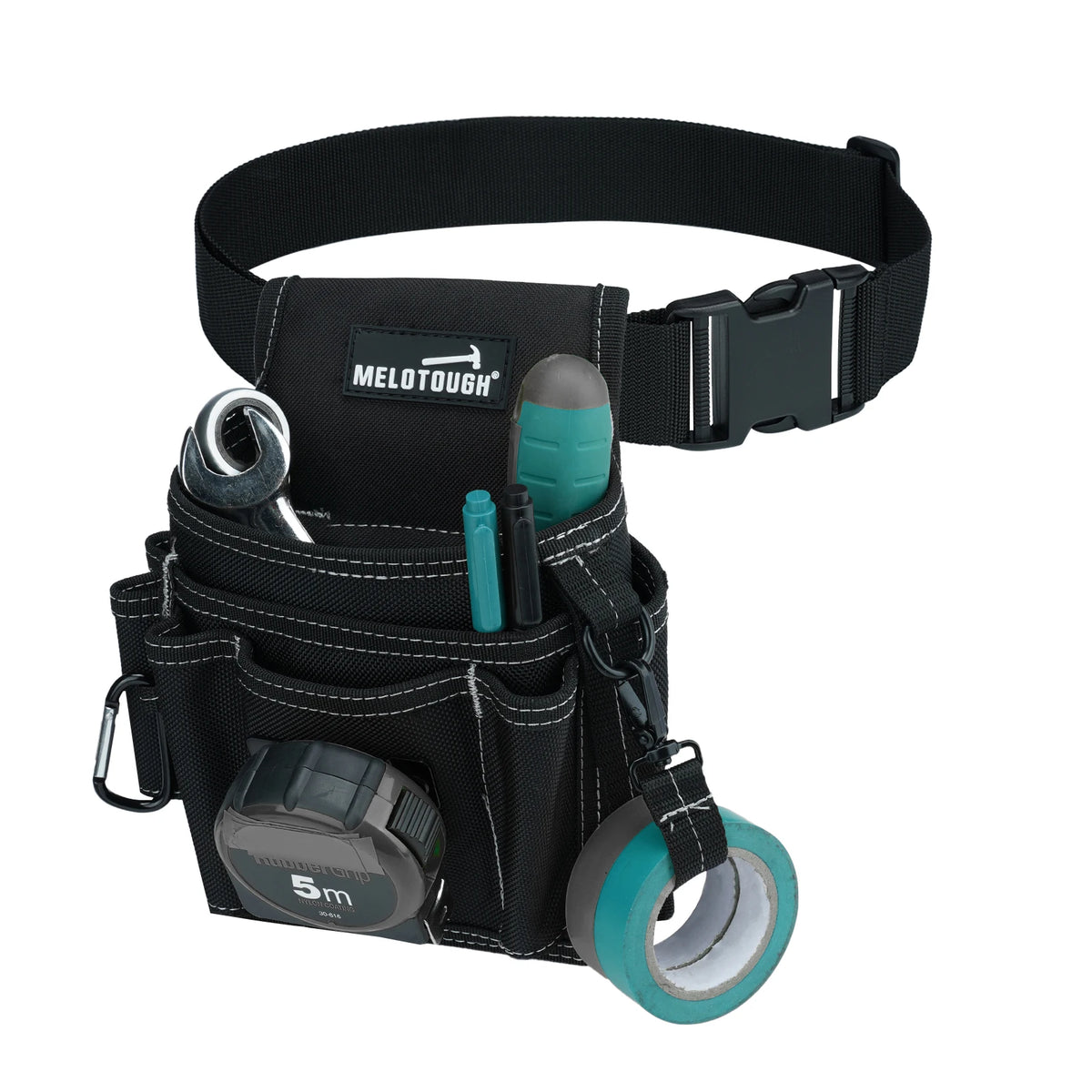 Black Melotough tool belt with a padded strap and an attached 5-meter green cable.