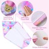A pink and purple microfiber hair drying towel wrap with a solid button, showing its soft fabric texture and stretchy loop.