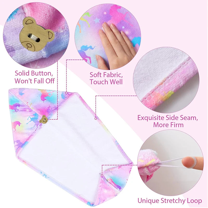 A pink and purple microfiber hair drying towel wrap with a solid button, showing its soft fabric texture and stretchy loop.