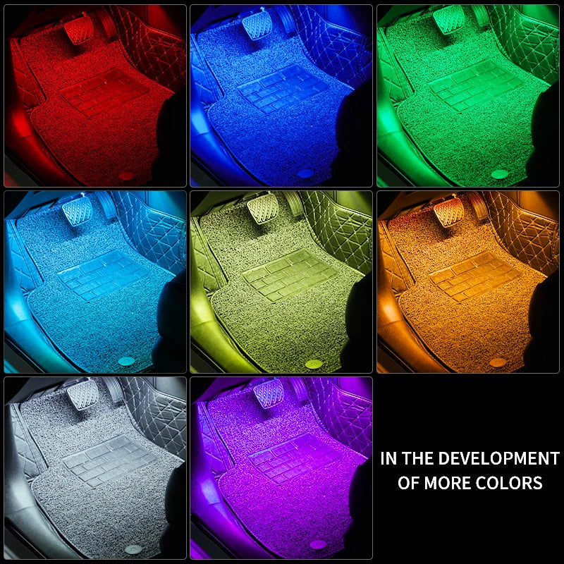 A grid showing various colors of RGB LED ambient light illuminating the interior of a car.
