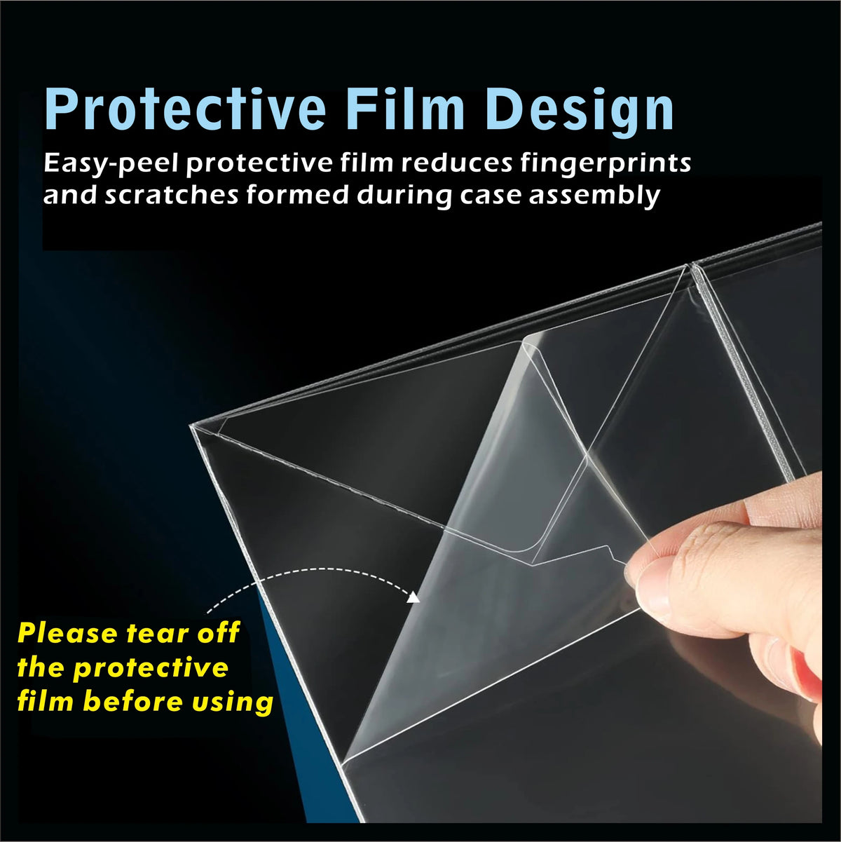 A hand is tearing off a protective film from a clear plastic case to prepare it for use.