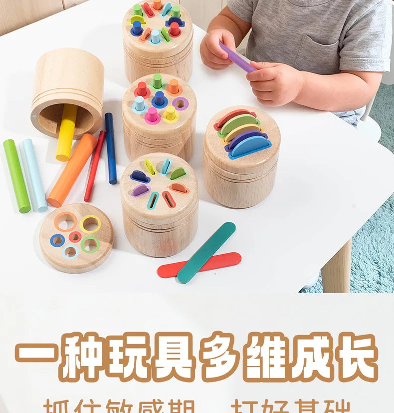 A set of wooden color sorting toys for toddlers, including stacking rings and sorting discs, used for fine motor skill develo