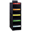 A black hanging closet organizer with five labeled pockets for Monday through Friday.