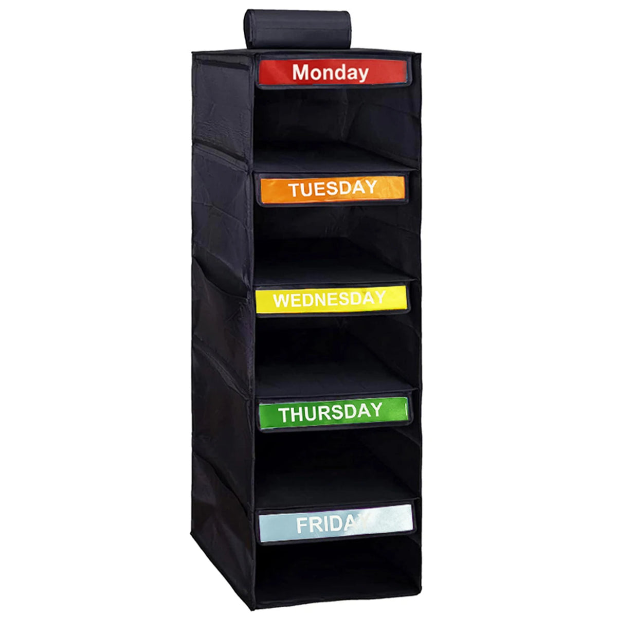 A black hanging closet organizer with five labeled pockets for Monday through Friday.