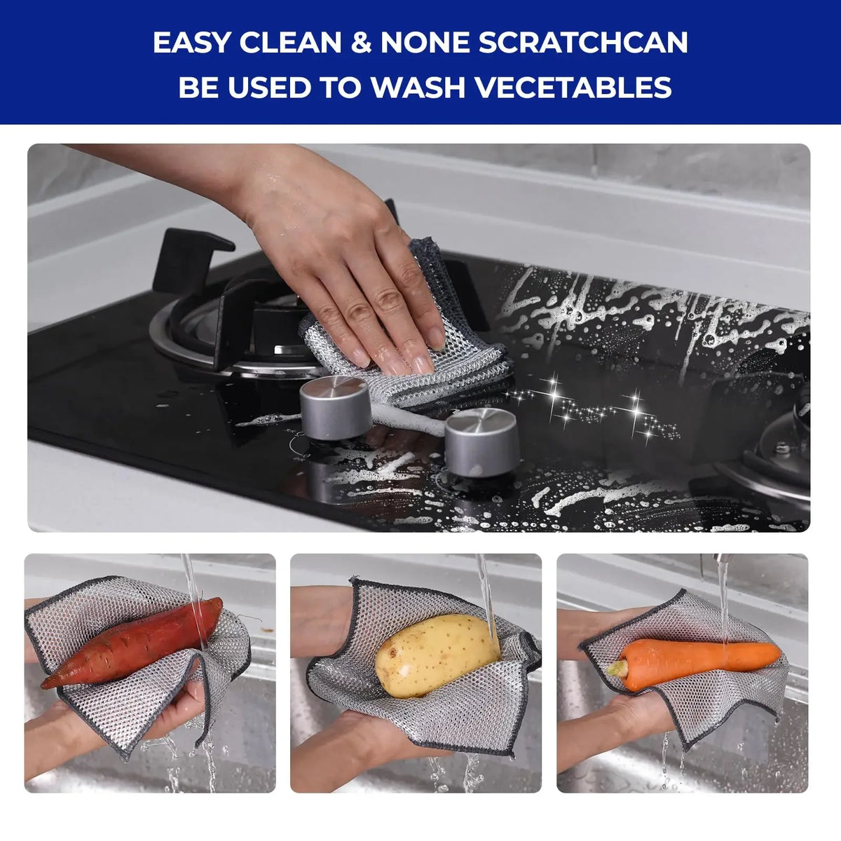 A set of scratch-free double-layer mesh cleaning cloths being used to wash vegetables under running water.
