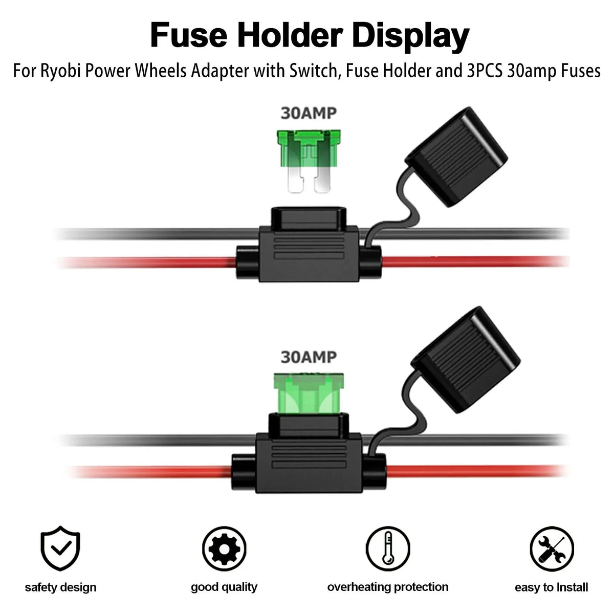 Fuse Holder Display for Ryobi Power Wheels Adapter with Switch, Fuse Holder and 3PCS 30amp fuses