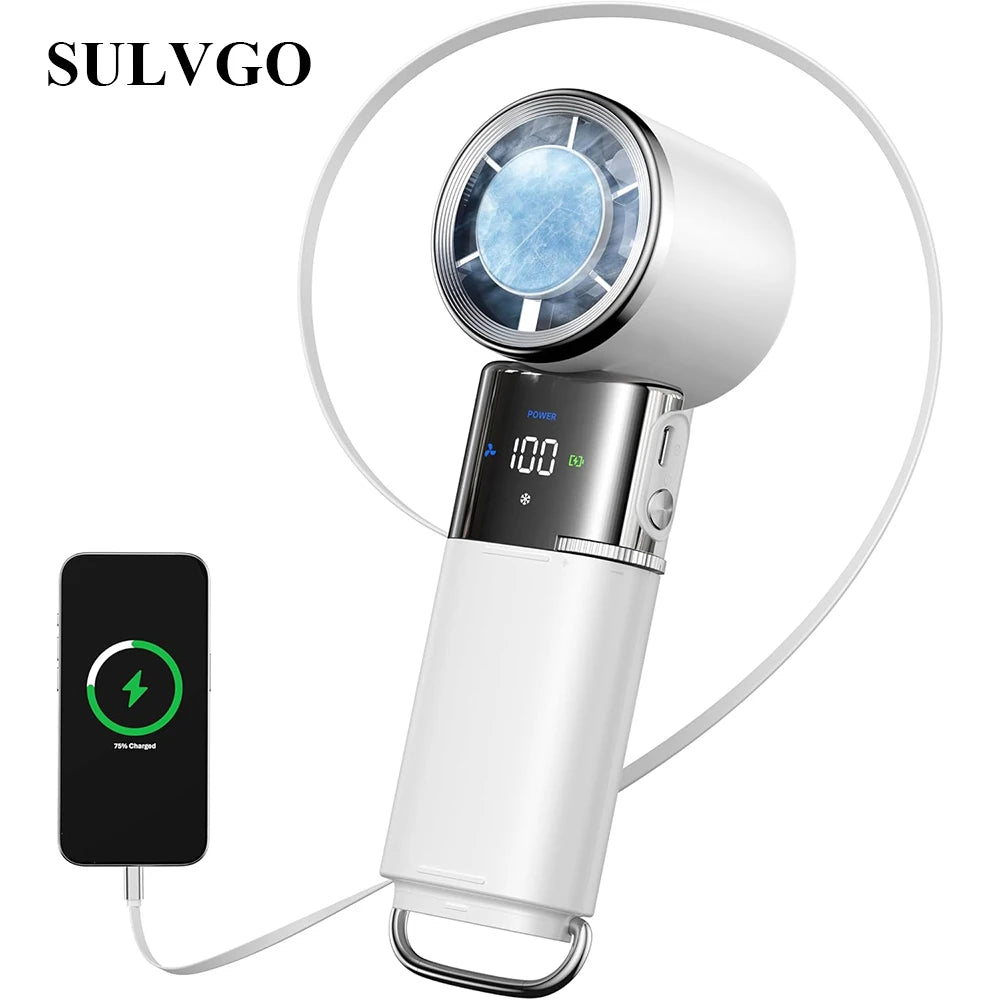 A white portable ice-cooling handheld fan with a flexible neck and a black charging cable.