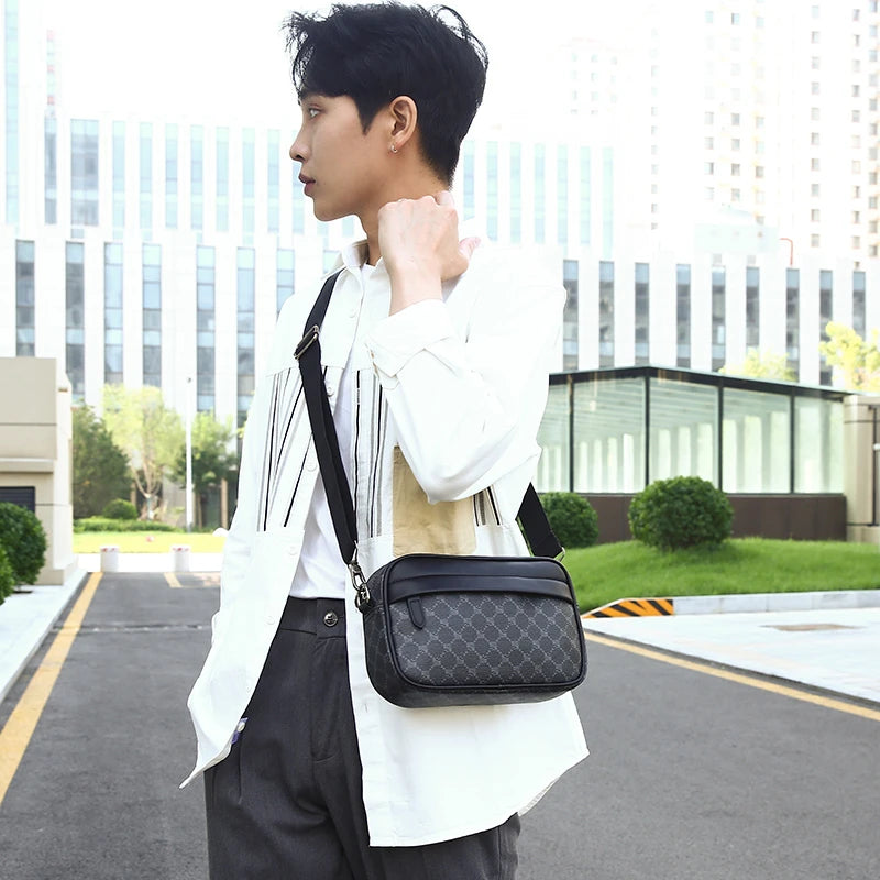 Men's Casual PU Leather Shoulder Bag with Zipper Pockets