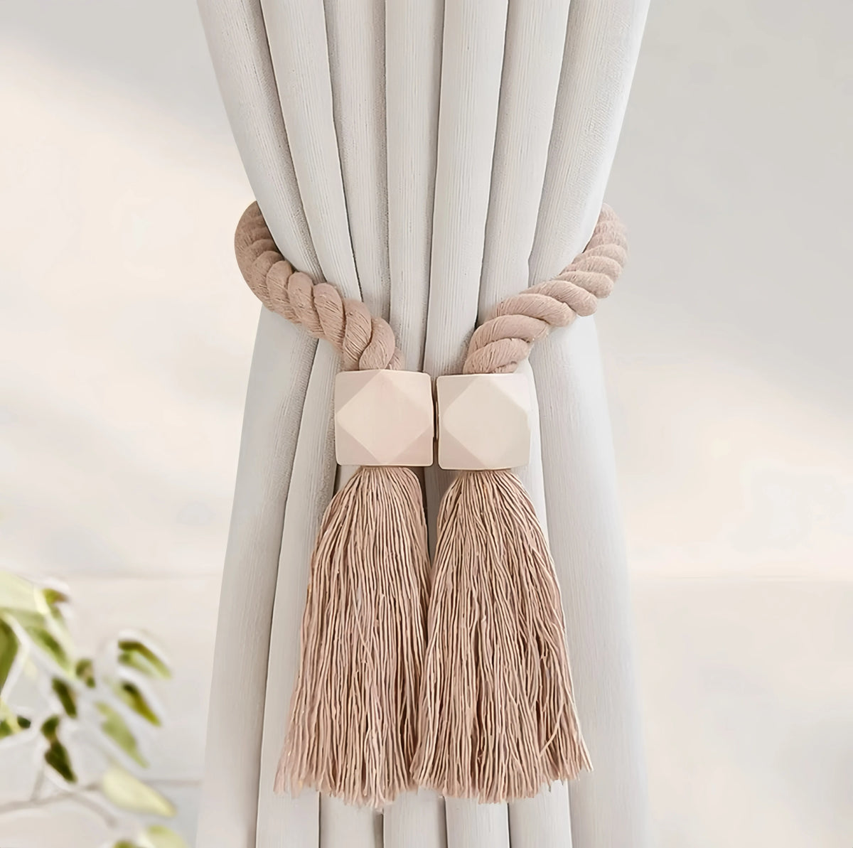 Handwoven Boho Curtain Tiebacks with Wooden Beads