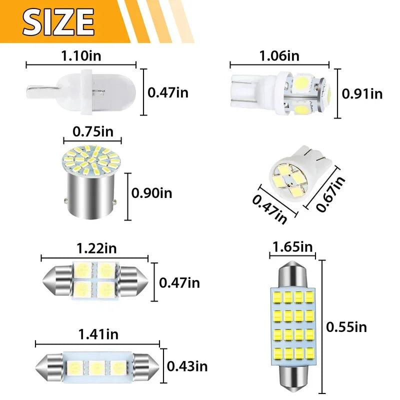 Various sizes of car interior LED bulbs and kits, including T10 and festoon lights.