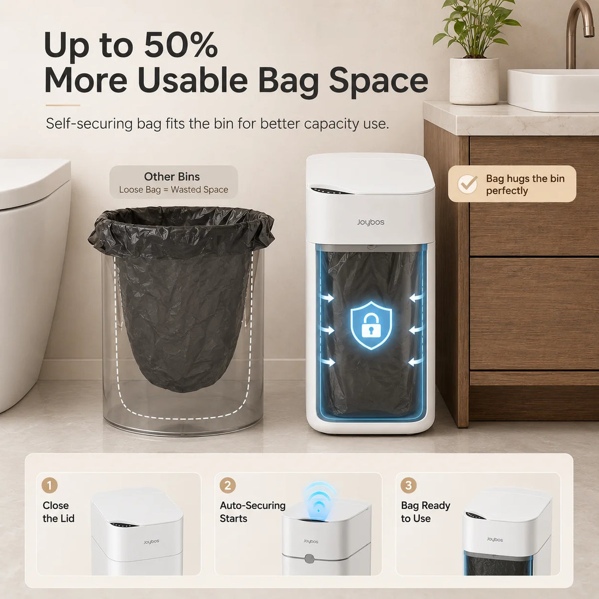 A white trash can with a clear lid and an auto-securing bag system is shown next to a brown cabinet.