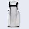 A white waterproof oil-proof kitchen apron with black straps hanging on a hanger.