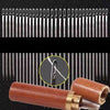 A set of twelve self-threading sewing needles with a wooden storage case shown next to the needles.