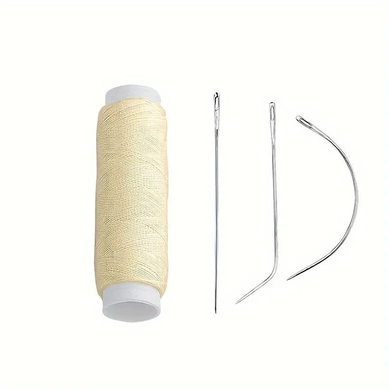 Spool of beige nylon hair weaving thread with a matching needle for extensions and wigs