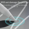 A close-up view of a white pen tip touching a dark surface, illustrating a micro sanding process.