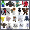 A collection of soft plush dolls inspired by Minecraft characters including Steve, Creeper, and various other figures.