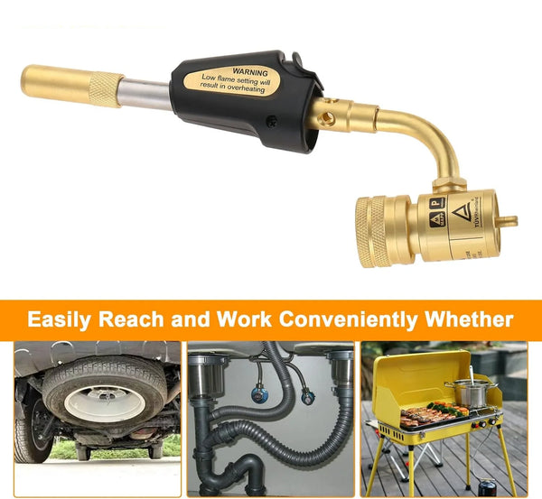 A gold and black adjustable turbo torch with a trigger mechanism shown next to various applications.