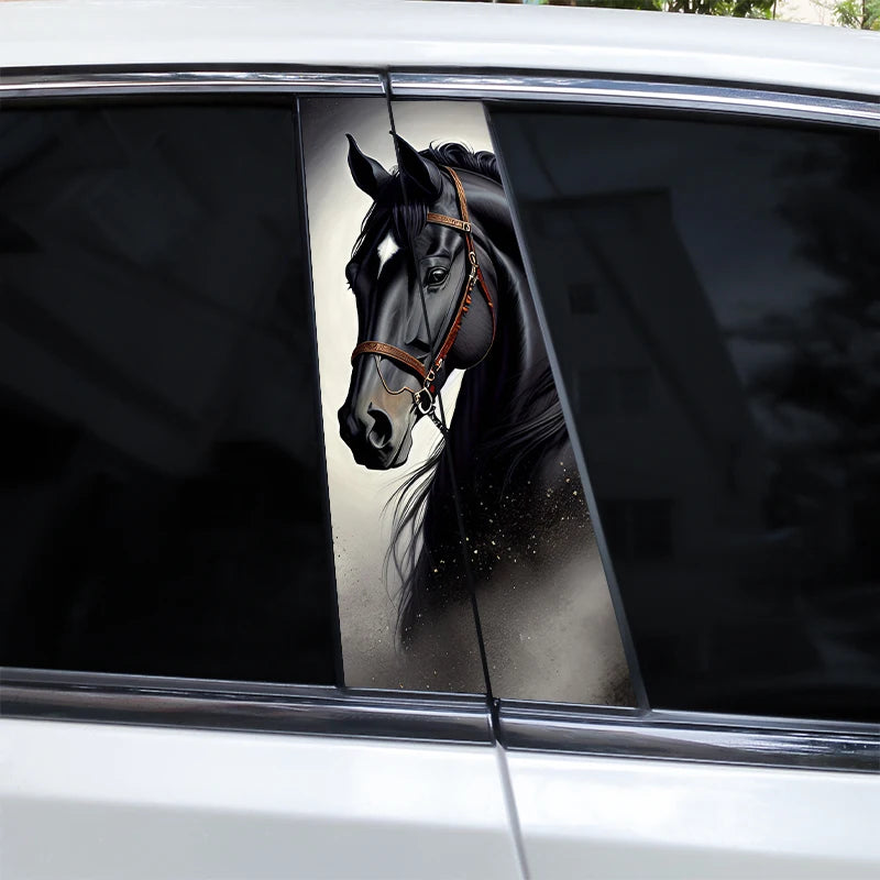 A close-up photo of a black horse's head with leather tack, displayed on a car window decal.