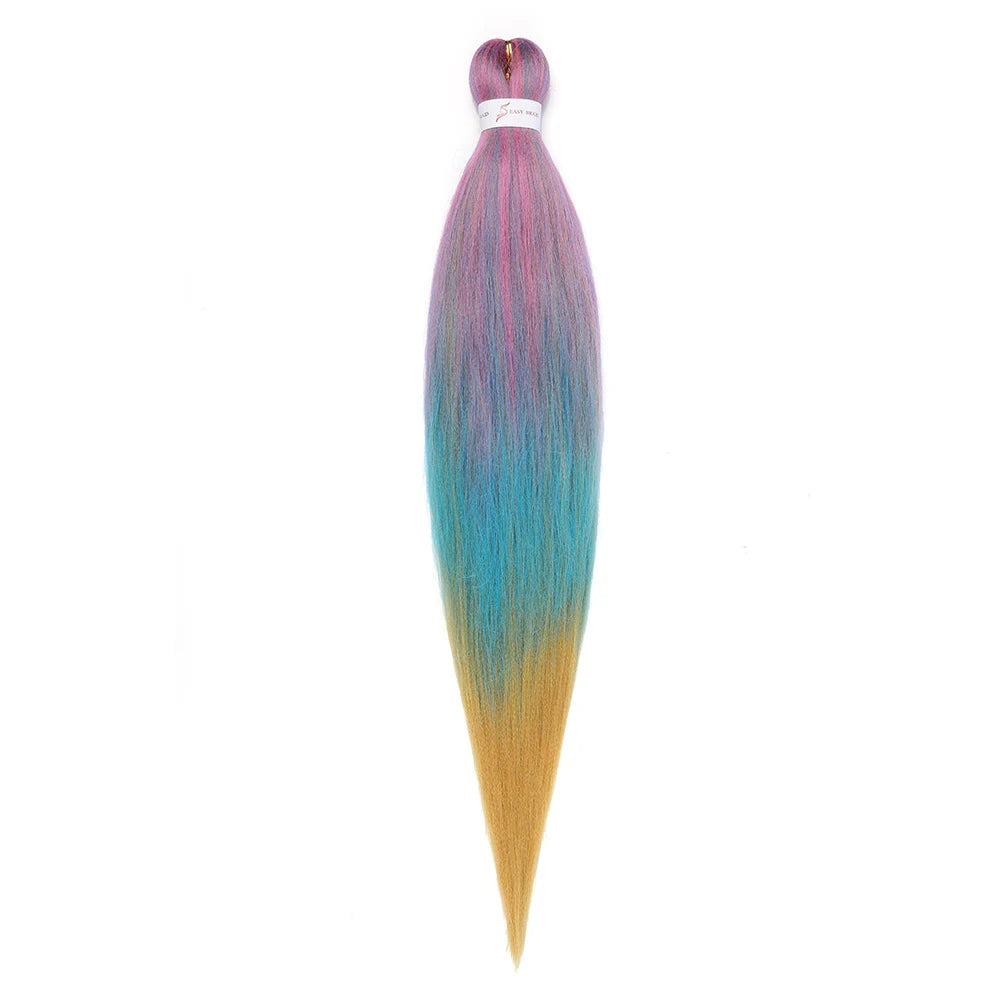 Vorgestretzte Ombre-Haarverlängerungen mit Farbverlauf aus Pink, Blau und Gelb.