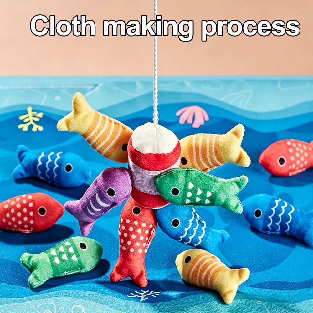 Colorful fabric fish toys are displayed on a blue surface, illustrating the cloth making process.