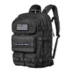 Black backpack featuring two embroidered patriotic American flag and In God We Trust patches.