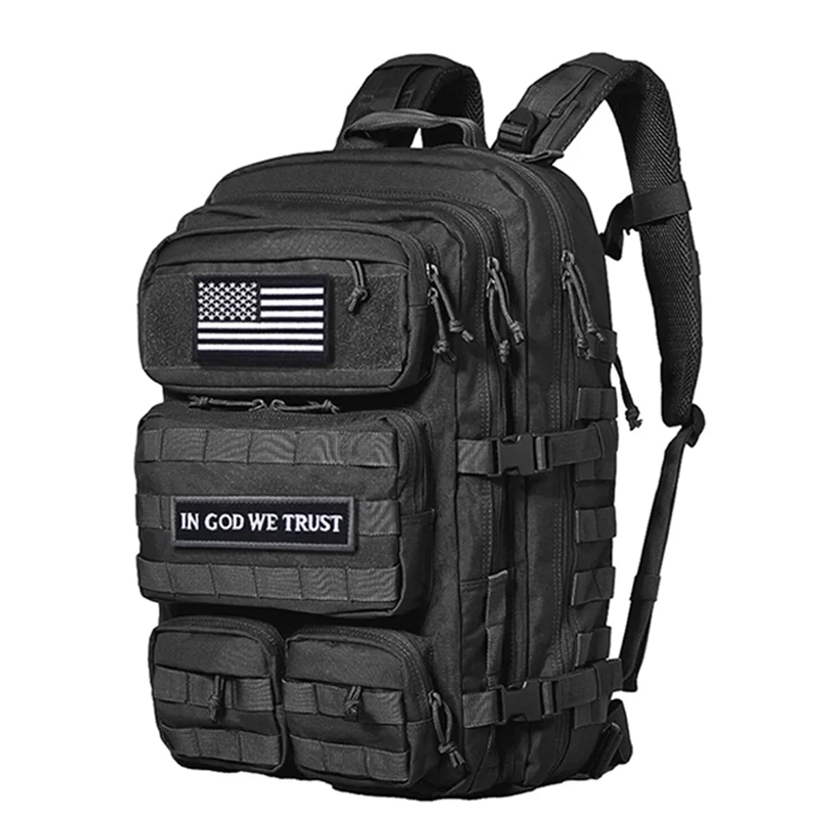 Black backpack featuring two embroidered patriotic American flag and In God We Trust patches.