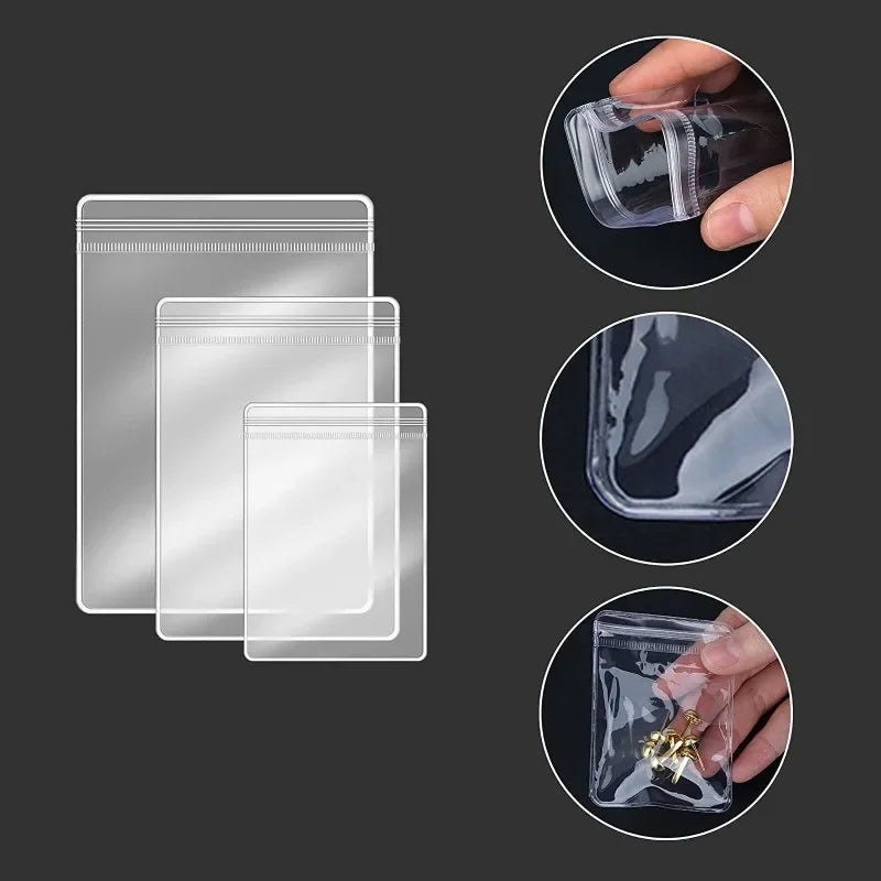 Clear self-sealing jewelry storage bags shown in various forms and usage examples.