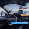 A magnetic car phone mount with 360° rotation and vacuum suction is shown installed in a vehicle interior.