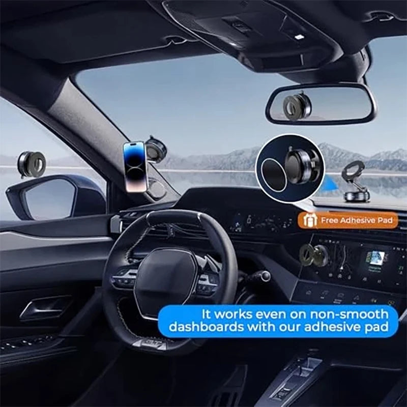 A magnetic car phone mount with 360° rotation and vacuum suction is shown installed in a vehicle interior.