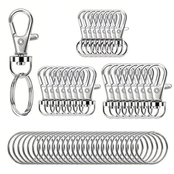 A collection of 50 metal swivel snap hooks and claw clasps in various sizes arranged for display.
