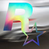 A colorful letter R and a five-pointed star design with a reflective effect on a light background.